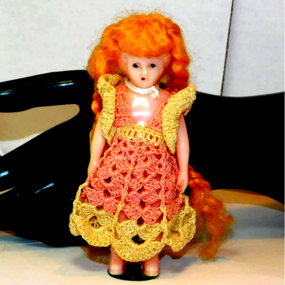 Very Old Vintage Celluloid Doll with Red Braided Hair Standing on Tax To… - Picture 4 of 9